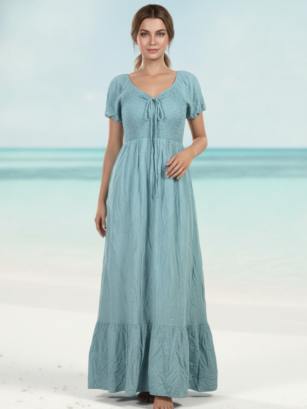 NWT‎ Sanmuzi Light Blue Maxi Dress with Smocked Bodice and Tie Detail SZ LG